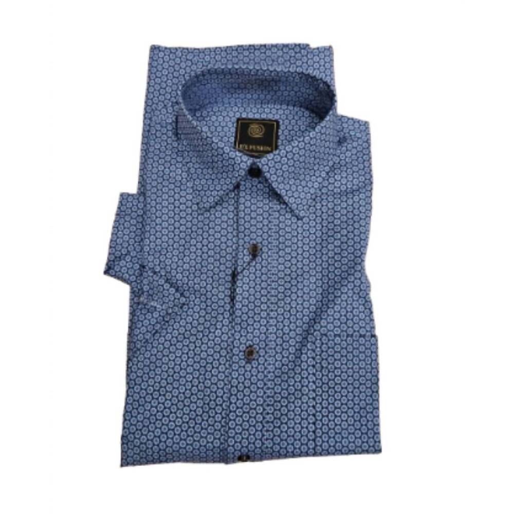 NEW F/X FUSION men's short sleeve foulard print shirt in blue /  brown
